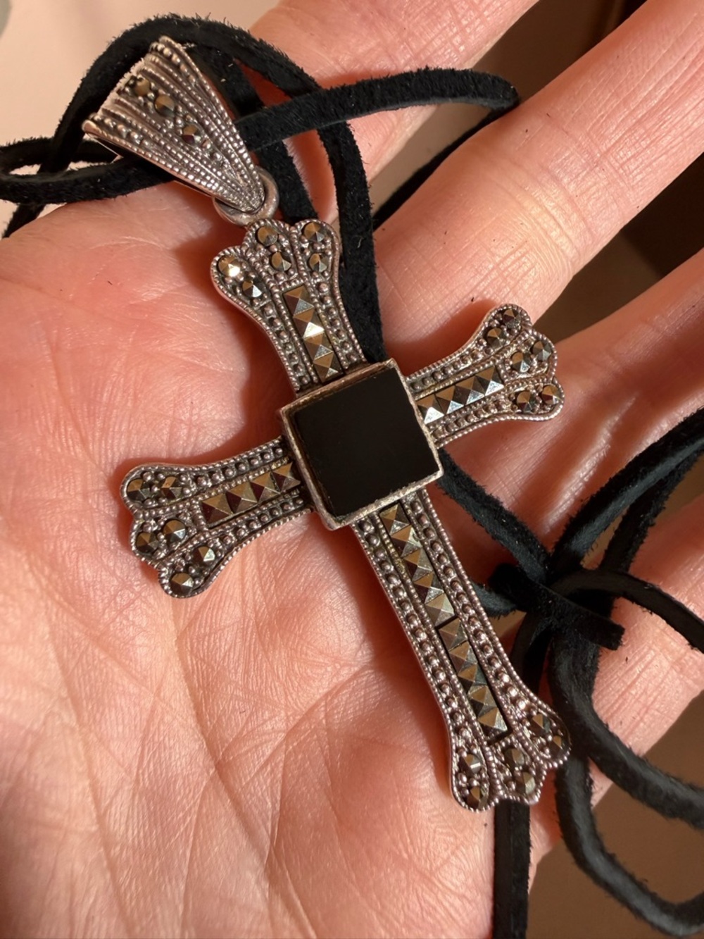 Vintage Art Deco Victorian Goth Sterling silver Onyx Oversized Cross Necklace